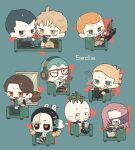  6+boys :3 black_cat black_hair black_hood black_jacket black_nails black_pants black_sclera blindfold blonde_hair blue_background blue_hair blue_shirt bottle brown_eyes brown_hair cat chair chibi chibi_only cigarette closed_mouth colored_blindfold colored_sclera computer cosmetics crossed_legs cup curtained_hair digital_media_player drinking drinking_straw fang formaggio full_body gelato_(jojo) ghiaccio glasses green_eyes green_hair grin hair_over_one_eye headphones holding holding_cup illuso italian_text jacket jojo_no_kimyou_na_bouken laptop long_sleeves looking_at_viewer male_focus melone metallica_(stand) mirror multiple_boys nail_polish nail_polish_bottle one_eye_closed open_clothes open_jacket open_mouth orange_hair pants pesci pink_hair prosciutto_(jojo) quad_tails red-framed_eyewear red_eyes red_jacket red_shoes risotto_nero shinoru_all shirt shoes short_hair simple_background sitting smile smoking sorbet_(jojo) striped_clothes striped_pants through_medium through_mirror translation_request vento_aureo very_short_hair white_hair widow's_peak 