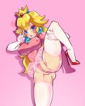  1girl anus anus_peek breasts covered_navel cowboy_shot cum cum_on_ass cum_on_pussy erect_clitoris erect_nipples facial female freakylucky high_heels highres leg_lift leotard mario_(series) nintendo nipples nude partially_visible_vulva peace_symbol pointless_censoring princess_peach pussy_peek shoes solo spread_legs standing super_mario_bros. thick_thighs thighhighs thighs tutu v 