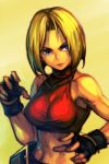  bangs bare_shoulders black_gloves blonde_hair blue_eyes blue_mary breasts commentary fighting_stance fingerless_gloves gloves hankuri large_breasts light_smile looking_at_viewer midriff navel parted_bangs solo the_king_of_fighters upper_body yellow_background 