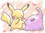  closed_mouth creature ditto full_body gen_1_pokemon happy highres leaf_(pixiv17652941) no_humans open_mouth pikachu pink_background pokemon pokemon_(creature) smile standing transformed_ditto 
