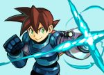  armor blue_background brown_hair cannon closed_mouth commentary gauntlets green_eyes hair_between_eyes hankuri male_focus rock_volnutt rockman rockman_dash simple_background smile solo 
