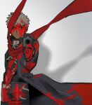  1boy archer_(fate) armor black_coat blood blood_on_clothes blood_on_face coat emiya_shirou fate_(series) gun highres holding holding_gun holding_weapon long_coat male_focus red_scarf saiotoo scarf shirt solo weapon white_hair white_shirt 