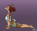 2025 all_fours bottomwear clothing deer female hair human humanoid mammal red_hair shirt shorts side_view stretching tank_top tied_hair topwear transformation vilestest yoga
