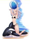 1girl absurdres ball barefoot beachball bikini black_bikini blue_eyes blush breasts cleavage closed_mouth commentary facial_mark full_body grey_hair highres houjuu_chimi inflatable_orca inflatable_toy looking_at_viewer medium_hair mikotouca navel outdoors small_breasts solo swimsuit touhou variant_set 