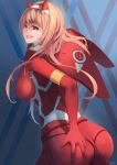  1girl ass ass_grab bodysuit breasts darling_in_the_franxx deep_skin green_eyes hairband horns kuei large_breasts long_hair looking_at_viewer open_mouth pink_hair red_bodysuit shiny shiny_clothes sideboob smile solo tongue tongue_out zero_two_(darling_in_the_franxx) 