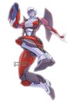  1girl arcee arm_cannon blue_eyes helmet highres humanoid_robot kevin_raganit metal_skin pink_visor robot robot_girl science_fiction simple_background solo thighs transformers transformers:_rise_of_the_beasts transformers_(live_action) weapon white_background 