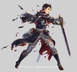  black_hair book boots brown_eyes capelet company_name cuboon fire_emblem fire_emblem:_thracia_776 fire_emblem_heroes full_body gloves grey_background male_focus official_art reinhardt_(fire_emblem) simple_background solo sword teeth torn_clothes weapon 