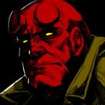  beard black_background broken_horn closed_mouth commentary facial_hair hankuri hellboy hellboy_(comic) horns looking_at_viewer male_focus profile red_skin simple_background solo yellow_eyes 