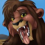  2015 black_nose brown_fur brown_hair disney eyebrows eyelashes feline feral fur gaping_mouth green_eyes hair hi_res kovu lion looking_at_viewer male mammal mouth_shot nummynumz open_mouth saliva solo teeth the_lion_king tongue tongue_out video_games yellow_sclera 
