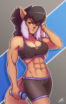  2017 abs anthro big_breasts black_hair bra breasts cat cleavage clothed clothing dotted_background eyebrows eyelashes felina_feral feline female grey_eyes hair hand_on_head hi_res holding_object inner_ear_fluff looking_at_viewer mammal multicolored_hair muscular muscular_female navel pattern_background portrait raised_arm secretly_saucy shorts simple_background solo sports_bra swat_kats sweat three-quarter_portrait two_tone_hair underwear 