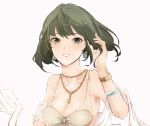  bad_id bad_pixiv_id bangs bare_shoulders blue_eyes breasts cleavage collarbone commentary_request earrings gold green_eyes green_hair grin hand_in_hair heterochromia idolmaster idolmaster_cinderella_girls jewelry looking_at_viewer medium_breasts mole mole_under_eye necklace off_shoulder shino_(mufn5785) short_hair simple_background smile solo takagaki_kaede teeth 