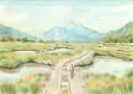  bridge commentary_request day grass hill landscape mountainous_horizon original outdoors painting_(medium) paruperu path people pond scenery traditional_media watercolor_(medium) wetland 