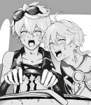 2boys aether_(genshin_impact) ahoge armor bare_shoulders bennett_(genshin_impact) braid car_interior collarbone collared_shirt commentary_request driving earrings genshin_impact goggles goggles_on_head greyscale hair_between_eyes hands_up highres jewelry long_hair looking_at_viewer male_focus meme monochrome multiple_boys open_mouth power_crashes_kobeni&#039;s_car_(meme) scared scarf shirt short_hair short_sleeves shoulder_armor single_braid single_earring sleeveless sleeveless_shirt steering_wheel sweat teeth tongue upper_body wide-eyed wkf2npb7j371789 