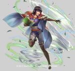  black_hair book boots bracelet brown_eyes cape company_name cuboon fire_emblem fire_emblem:_thracia_776 fire_emblem_heroes full_body gloves grey_background jewelry leaf necklace official_art olwen_(fire_emblem) open_mouth simple_background solo teeth wind 