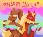  anthro areola avian bds_charmeleon big_breasts big_ears bird blaziken blush breasts brown_fur chicken cute_smile digital_media_(artwork) duo easter feathers female fluffy fluffy_ears fluffy_tail fur hair hi_res holidays lagomorph long_hair lopunny love mammal model_sheet nintendo nipples open_mouth paint pink_areola pok&eacute;mon pok&eacute;mon_(species) rabbit red_feathers shy slim video_games 