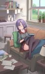  absurdres bangs black_gloves black_hair black_legwear blurry blush book book_stack closed_eyes commentary couch cup depth_of_field frills full_body gloves hair_ornament highres idolmaster idolmaster_cinderella_girls indoors juu_p lamp light_switch long_sleeves pillow plant shiragiku_hotaru short_hair sitting sleeping solo table teacup thighhighs tree window wooden_floor wooden_table 