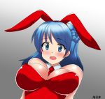  aketake alternate_costume animal_ears bare_shoulders blue_eyes blue_hair breasts bunny_ears bunnysuit cleavage detached_collar double_bun fake_animal_ears kantai_collection large_breasts leotard necktie open_mouth red_leotard red_neckwear smile solo strapless strapless_leotard upper_body urakaze_(kantai_collection) 