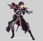  black_hair book boots brown_eyes capelet company_name cuboon fire_emblem fire_emblem:_thracia_776 fire_emblem_heroes full_body gloves grey_background male_focus official_art reinhardt_(fire_emblem) simple_background solo sword weapon 