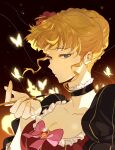  1girl beatrice_(umineko) black_choker blue_eyes bow braid breasts bug butterfly choker cleavage crown_braid floating_hair frilled_choker frills gem glint half-closed_eyes highres looking_at_viewer pink_bow portrait puffy_sleeves raised_eyebrows red_gemstone sidelocks solo umineko_no_naku_koro_ni wavy_hair yellow_butterfly zaoyinu175 