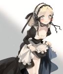  apron asamiyajy black_bow black_dress blonde_hair bow commentary_request cowboy_shot dress dress_lift embarrassed eyebrows_visible_through_hair garter_straps grey_background hair_bow juliet_sleeves korean_commentary long_sleeves looking_at_viewer maid maid_apron maid_headdress original parted_lips puffy_sleeves solo sweatdrop thighhighs waist_apron white_apron white_legwear 