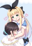  :3 :d apron bangs black_bow black_hairband black_ribbon blonde_hair blue_dress blush bow brown_hair closed_eyes commentary_request dress eyebrows_visible_through_hair green_eyes hair_bow hair_bun hair_ribbon hairband hand_on_another's_head heart highres hug long_hair long_sleeves maid_apron mononobe_alice multiple_girls mumu_(mumunyan) nijisanji open_mouth puffy_short_sleeves puffy_sleeves ribbon shirt short_sleeves smile striped striped_background suzuka_utako tears vertical-striped_background vertical_stripes very_long_hair virtual_youtuber white_apron white_shirt 