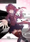  anaglyph artist_name bangs black_legwear blazer blood bloody_tears blue_skirt bow breasts brown_hair collared_shirt commentary crying crying_with_eyes_open d: doki_doki_literature_club english english_commentary erospanda feet_out_of_frame foreshortening glitch gradient gradient_background green_eyes grey_jacket hair_bow hand_up high_ponytail jacket knees_together_feet_apart long_hair long_sleeves looking_at_viewer medium_breasts miniskirt monika_(doki_doki_literature_club) open_mouth orange_sweater outstretched_arm outstretched_hand paper pen pink_background pleated_skirt polka_dot polka_dot_background ponytail reaching_out ribbon school_uniform shiny shiny_hair shirt sidelocks signature simple_background skirt solo spoilers sweater tears thighhighs white_background white_bow white_ribbon white_shirt wing_collar zettai_ryouiki 