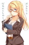  ayase_eli belt bespectacled binder blonde_hair blue_eyes breasts cleavage collarbone commentary_request expressionless finger_to_cheek formal glasses hair_between_eyes hair_down highres holding long_hair long_sleeves love_live! love_live!_school_idol_project medium_breasts mogu_(au1127) pinstripe_pattern red-framed_eyewear semi-rimless_eyewear solo striped suit suit_jacket teacher translation_request under-rim_eyewear white_background 