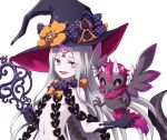  :d abigail_williams_(fate/grand_order) animal bangs black_bow black_gloves black_hat bow breasts elbow_gloves eyebrows_visible_through_hair fate/grand_order fate_(series) gloves hat hat_bow hikage_sumihito holding holding_key key long_hair looking_at_viewer open_mouth orange_bow pale_skin parted_bangs polka_dot polka_dot_bow purple_eyes revealing_clothes simple_background small_breasts smile solo very_long_hair white_background white_hair witch_hat 