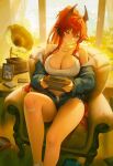  1girl 95_(jiuwujiang) absurdres alternate_costume bandaid bandaid_on_knee bandaid_on_leg bare_shoulders black_jacket breasts chair cleavage commentary crop_top denim denim_shorts english_commentary goddess_of_victory:_nikke highres horns jacket large_breasts long_hair long_sleeves looking_at_viewer mechanical_horns off_shoulder on_chair open_clothes open_shorts phonograph ponytail puffy_long_sleeves puffy_sleeves red_hood_(nikke) red_horns shorts sitting smile solo tank_top thighs vinyl_record white_tank_top yellow_theme 