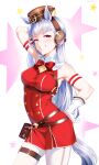  1girl absurdres animal_ears arm_up armband armpits bare_shoulders belt_pouch blunt_bangs blush bow bowtie breasts brown_hat dress gloves gold_ship_(red_strife)_(umamusume) gold_ship_(umamusume) grey_hair hat highres horse_ears horse_girl horse_tail large_breasts leggings long_hair looking_at_viewer open_mouth pantyhose pillbox_hat pouch purple_eyes red_armband red_bow red_bowtie red_dress sleeveless sleeveless_dress smile solo star_(symbol) striped_armband striped_clothes tail teeth thigh_strap umamusume white_armband white_gloves white_leggings white_pantyhose yoomix 