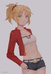  :3 artist_name bad_id bad_pixiv_id bangs belt blonde_hair braid breasts closed_mouth cropped_jacket cutoffs denim denim_shorts fate/apocrypha fate_(series) green_eyes grey_background groin hair_ornament hair_scrunchie highres jacket jewelry long_sleeves looking_at_viewer mordred_(fate) mordred_(fate)_(all) navel necklace red_jacket red_scarf red_scrunchie scarf scrunchie shino_(mufn5785) short_hair short_shorts shorts simple_background small_breasts smile solo standing stomach white_belt 
