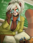  2018 4_fingers anthro avencri big_breasts black_nose blonde_hair book breasts chalkboard choker cleavage clothed clothing colored_nails detailed_background english_text eyelashes eyewear female glasses green_eyes hair hairband holding_object jacket mammal red_panda shirt short_hair skirt smile solo teacher text 