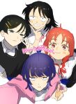  4girls :&lt; absurdres black_eyes black_hair black_jacket black_sweater_vest blue_skirt collared_shirt commentary_request from_above fujii_ayame futsuu_no_keion-bu green_eyes group_name hatono_chihiro heartbreak_(futsuu_no_keion-bu) highres jacket kouyama_rin long_hair multiple_girls neck_ribbon open_clothes open_jacket orange_eyes orange_hair pink_jacket pixie_cut purple_eyes purple_hair qrioic74 red_ribbon ribbon selfie shirt short_hair skirt small_pupils smile sweater_vest uchida_momo v white_shirt 