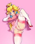  1girl anus anus_peek breasts covered_navel cowboy_shot erect_clitoris erect_nipples female freakylucky garters high_heels highres leg_lift leotard mario_(series) nintendo nipples nude partially_visible_vulva peace_symbol pointless_censoring princess_peach pussy_peek shoes solo spread_legs standing super_mario_bros. thick_thighs thighhighs thighs tutu v 