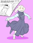  2015 ambiguous_gender anthro asriel_dreemurr blush boss_monster caprine chara_(undertale) clothed clothing comic crossdressing cute dress duo fur girly goat hi_res human male mammal narija simple_background undertale video_games white_fur young 