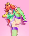  1girl anus bottomless breasts cowboy_shot erect_nipples female freakylucky garters high_heels highres leg_lift mario_(series) navel_cutout nintendo nipple_cutout nipples peace_symbol pointless_censoring princess_daisy princess_peach pussy shoes solo spread_legs standing super_mario_bros. thick_thighs thighhighs thighs tutu v 