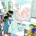  1girl apartment black_eyes black_hair black_shorts blue_shirt blush book bookshelf calendar_(object) chair cherry_blossoms coffee_mug collarbone colored_skin commentary cup drip_coffee emamemamo33 envelope full_body highres holding holding_leaf holding_letter indoors iridescent_hair leaf letter long_hair long_sleeves looking_to_the_side mug on_chair original plant potted_plant power_lines railing shirt shorts signature slice_of_life solo speech_bubble striped_clothes striped_shirt tablecloth thought_bubble white_skin window_blinds wooden_floor 