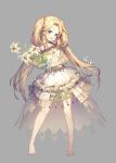  :d aile_(crossroads) artist_name bangs bare_legs bare_shoulders barefoot blonde_hair blue_eyes blush choker collarbone commentary_request dress flower full_body grey_background head_tilt highres holding holding_flower lily_(flower) long_hair looking_at_viewer navel_cutout open_mouth original parted_bangs ribbon sidelocks simple_background smile solo standing teeth twintails very_long_hair 