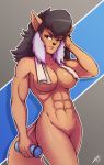  2017 abs anthro big_breasts black_hair breasts cat clothing convenient_censorship dotted_background felina_feral feline female grey_eyes hair hand_on_head hi_res inner_ear_fluff looking_at_viewer mammal multicolored_hair muscular muscular_female navel nude pattern_background portrait raised_arm secretly_saucy shorts simple_background solo swat_kats sweat three-quarter_portrait towel two_tone_hair 
