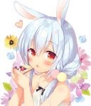  :o animal_ears bangs bare_arms bare_shoulders blue_flower blue_hair blush bunny_ears commentary_request dress eyebrows_visible_through_hair flower food hair_between_eyes heart holding holding_food long_hair original parted_lips pink_flower purple_flower red_eyes sazaki_ichiri sleeveless sleeveless_dress solo white_background white_dress yellow_flower 