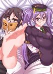  akuta_hinako barefoot black_hair blush book brown_eyes covering_mouth earrings fate/grand_order fate_(series) feet glasses hat jewelry leg_up long_hair looking_at_viewer multiple_girls pov pov_feet purple_eyes purple_hair sion_eltnam_atlasia smile socks soles toes twintails 