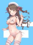  :d absurdres alternate_costume bare_arms bare_shoulders bikini breasts brown_eyes brown_hair cleavage collarbone commentary_request covered_nipples cowboy_shot eyebrows_visible_through_hair floating_hair groin hair_ribbon highres idolmaster idolmaster_cinderella_girls juu_p leaning_forward light_brown_eyes long_hair looking_at_viewer medium_breasts micro_bikini multicolored multicolored_background navel one_side_up open_mouth ribbon shimamura_uzuki side-tie_bikini skindentation smile solo stomach sweatdrop swimsuit thighhighs thighs tongue underboob v 