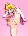  1girl anus bottomless breasts cowboy_shot erect_nipples female freakylucky garters high_heels highres leg_lift mario_(series) navel_cutout nintendo nipple_cutout nipples peace_symbol pointless_censoring princess_peach pussy shoes solo spread_legs standing super_mario_bros. thick_thighs thighhighs thighs tutu v 