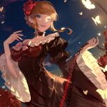  1girl beatrice_(umineko) black_choker blonde_hair blunt_bangs braid breasts bug butterfly chain choker crown_braid floating_hair floral_background flower frilled_choker frilled_sleeves frills gold_trim hair_flower hair_ornament highres holding holding_chain holding_leash leash light_particles looking_at_viewer medium_breasts night night_sky pov puffy_sleeves red_flower red_rose rose rose_background sidelocks sky smile solo three-quarter_sleeves umineko_no_naku_koro_ni upper_body viewer_on_leash wide_sleeves yellow_butterfly zhanzhan_lan 