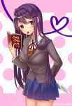  arm_behind_back bangs blazer blue_skirt blush book breasts chocolate closed_mouth collared_shirt cowboy_shot doki_doki_literature_club eyebrows_visible_through_hair food_in_mouth grey_jacket hair_ornament hairclip hand_up head_tilt heart holding holding_book holding_knife jacket knife knife_behind_back large_breasts long_hair long_sleeves looking_at_viewer miniskirt monotsuki mouth_hold neck_ribbon open_book orange_sweater pink_background pleated_skirt polka_dot polka_dot_background purple_eyes purple_hair red_neckwear red_ribbon ribbon school_uniform shiny shiny_hair shirt simple_background skirt smile solo standing straight_hair sweater white_shirt wing_collar yuri_(doki_doki_literature_club) 
