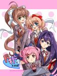  90s :d :t bangs blazer blue_eyes blue_skirt blush book bow breasts brown_hair closed_mouth collared_shirt copyright_name cupcake deviantart_username doki_doki_literature_club eyebrows_visible_through_hair food green_eyes grey_jacket hair_bow hair_intakes hair_ornament hair_ribbon hairclip highres holding holding_book holding_tray jacket kurumi-lover long_hair long_sleeves looking_at_viewer looking_to_the_side medium_breasts monika_(doki_doki_literature_club) multiple_girls natsuki_(doki_doki_literature_club) neck_ribbon oldschool open_mouth orange_sweater pink_background pink_eyes pink_hair pleated_skirt polka_dot polka_dot_background ponytail pout purple_eyes purple_hair red_bow red_neckwear red_ribbon ribbon round_teeth sayori_(doki_doki_literature_club) school_uniform shiny shiny_hair shirt short_hair sidelocks simple_background skirt smile standing sweater tareme teeth translated tray two_side_up v-shaped_eyebrows watermark web_address white_background white_bow white_ribbon white_shirt wing_collar x_hair_ornament yuri_(doki_doki_literature_club) 