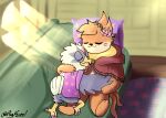  2_tails beak blue_body blue_feathers buizel clothed clothing colored_nails cuddling duo eyes_closed feathers floor floral_pattern flower flower_crown fur furniture generation_4_pokemon generation_5_pokemon green_sofa head_tuft hood kimmy_(psykwol) light light_beam lotus_(psykwol) male multi_tail nails nintendo orange_body orange_fur painted_claws pantsless paws pillow pink_flower plant pokemon pokemon_(species) psykwol purple_clothing purple_nails purple_pillow purple_rug purple_shirt purple_topwear rufflet rug shirt sleeping smile sofa star_pattern sunbeam sunlight tail tail_feathers topwear tuft wall_(structure) white_body white_feathers white_flower white_fur window window_light wings wood wood_floor wood_wall 