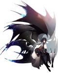  asamiyajy black_gloves black_hair black_jacket black_pants cape copyright_request full_body gloves highres jacket long_hair looking_at_viewer male_focus multiple_wings pants red_eyes solo sword transparent_background weapon white_cape wings 