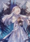  anastasia_(fate/grand_order) brown_hair doll fate/grand_order fate_(series) green_eyes hair_over_one_eye hairband holding leaf long_hair looking_at_viewer low_twintails shuryukan solo standing twintails very_long_hair white_hair 
