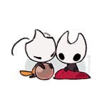  2girls aged_down arthropod_girl artist_name ball black_skin chao_yan cloak colored_skin holding hollow_eyes hollow_knight hollow_knight:_silksong horned_mask hornet_(hollow_knight) mask multiple_girls red_cloak shakra_(hollow_knight) sitting white_background white_mask 